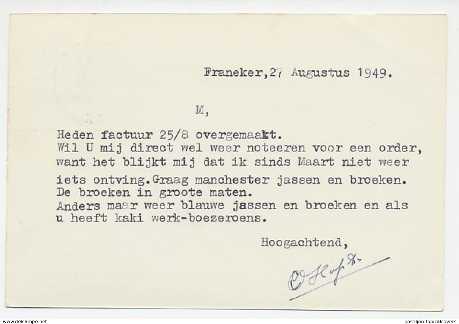 Firma Briefkaart Franeker 1949 - Manfacturen - Non Classificati