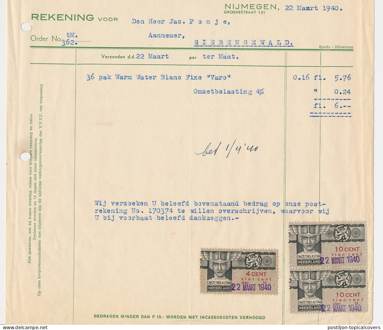 Omzetbelasting Diverse Waarden - Nijmegen 1940 - Revenue Stamps