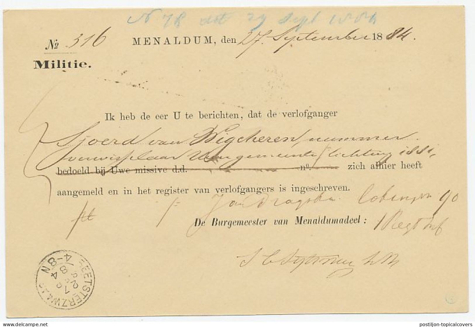 Kleinrondstempel Menaldum 1884 - Non Classés