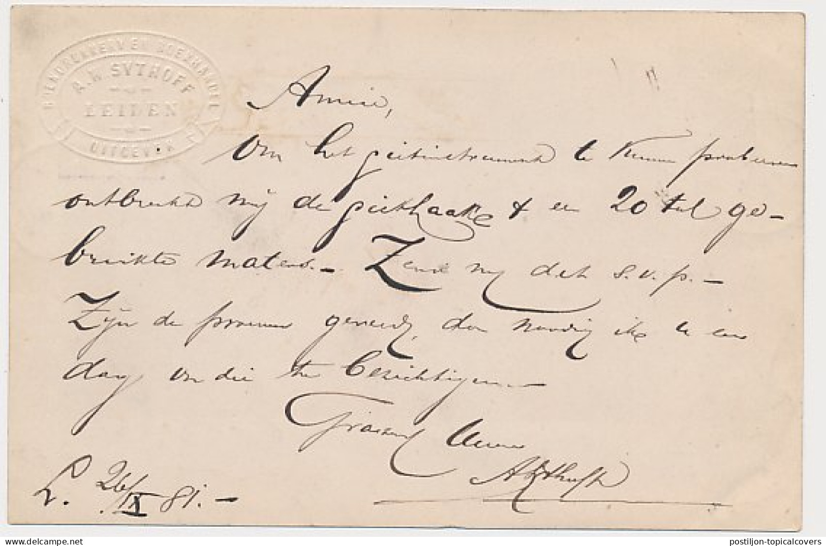 Briefkaart G. 23 Firma Blinddruk Leiden 1881 - Postal Stationery