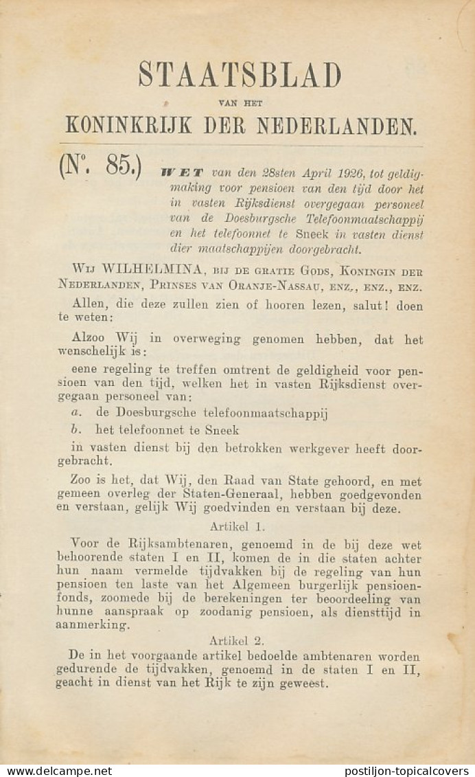 Staatsblad 1926 : Doesburgsche Telefoonmaatschappij - Sneek - Historical Documents