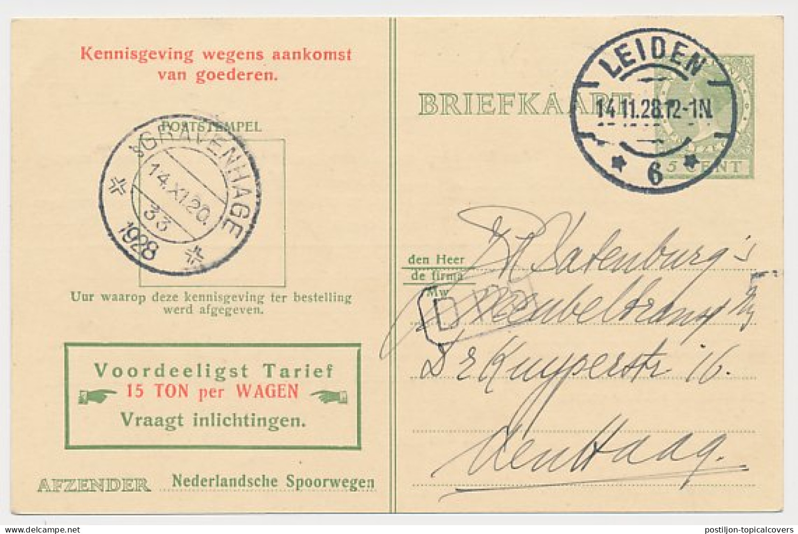Spoorwegbriefkaart G. NS216 D - Leiden - S Gravenhage 1928 - Entiers Postaux