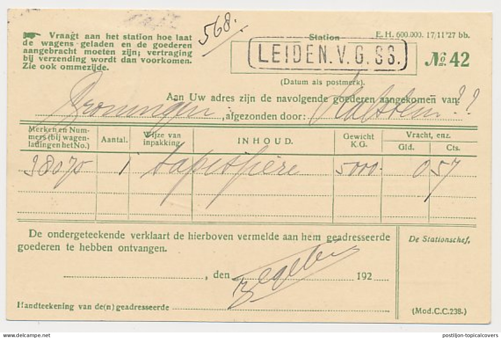 Spoorwegbriefkaart G. NS216 D - Leiden - S Gravenhage 1928 - Interi Postali