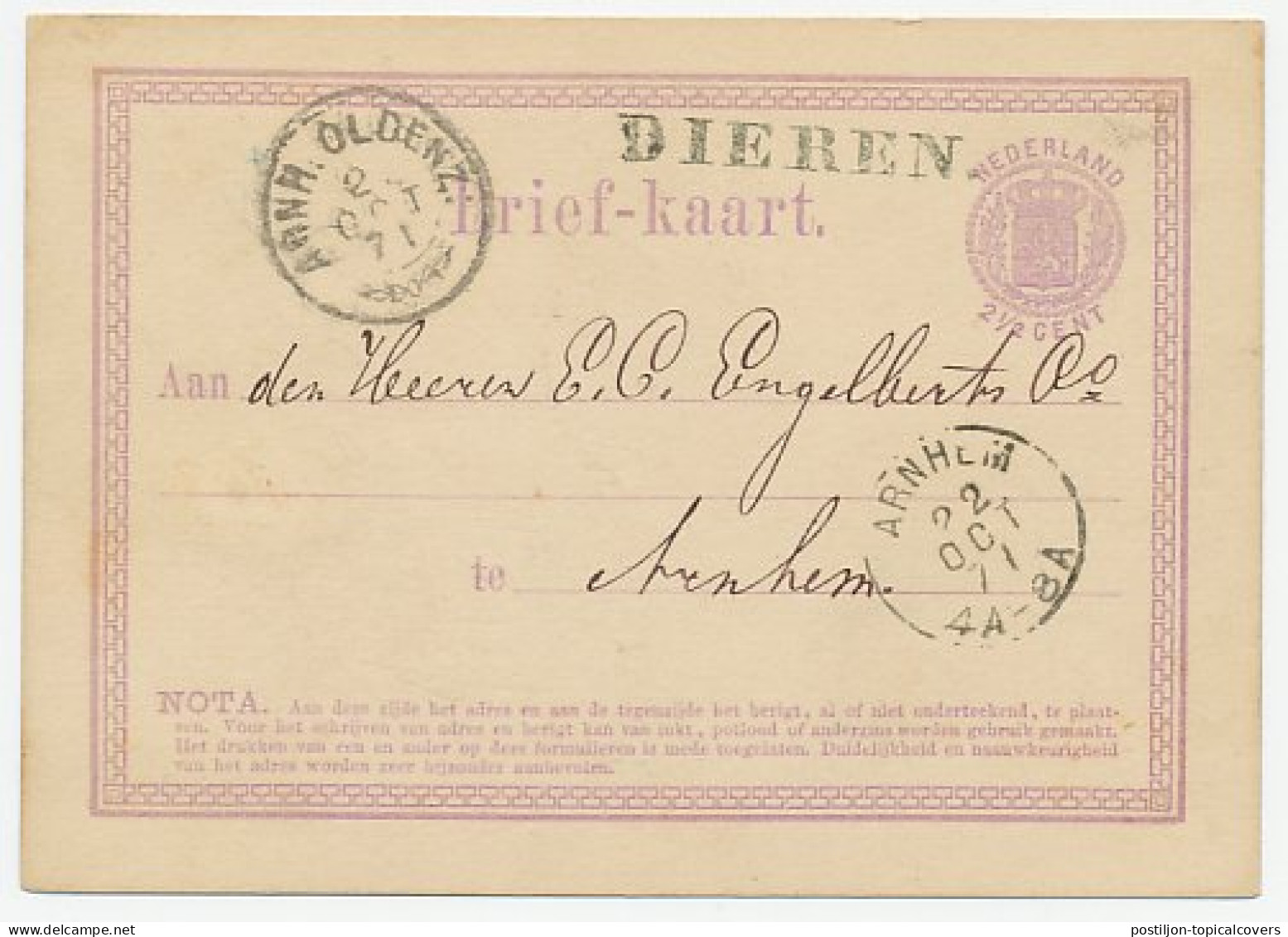 Dieren ( Distributiestempel ) - Arnhem 1871 - ...-1852 Préphilatélie
