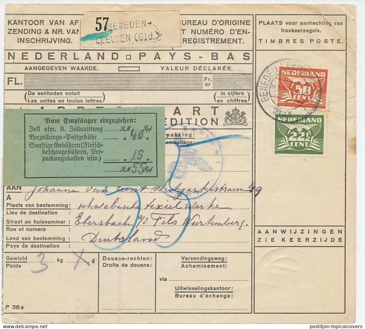Em. Duif Pakketkaart Beneden Leeuwen - Duitsland 1943 - Non Classificati