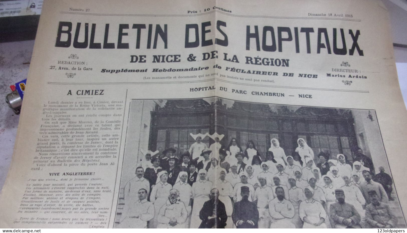 WWI 1915 NICE BULLETIN DES HOPITAUX HOPITAL DU PARC CHAMBRUN  CROIX ROUGE MEDECIN INFIRMIERES CIMIEZ PUB .. - 1914-18