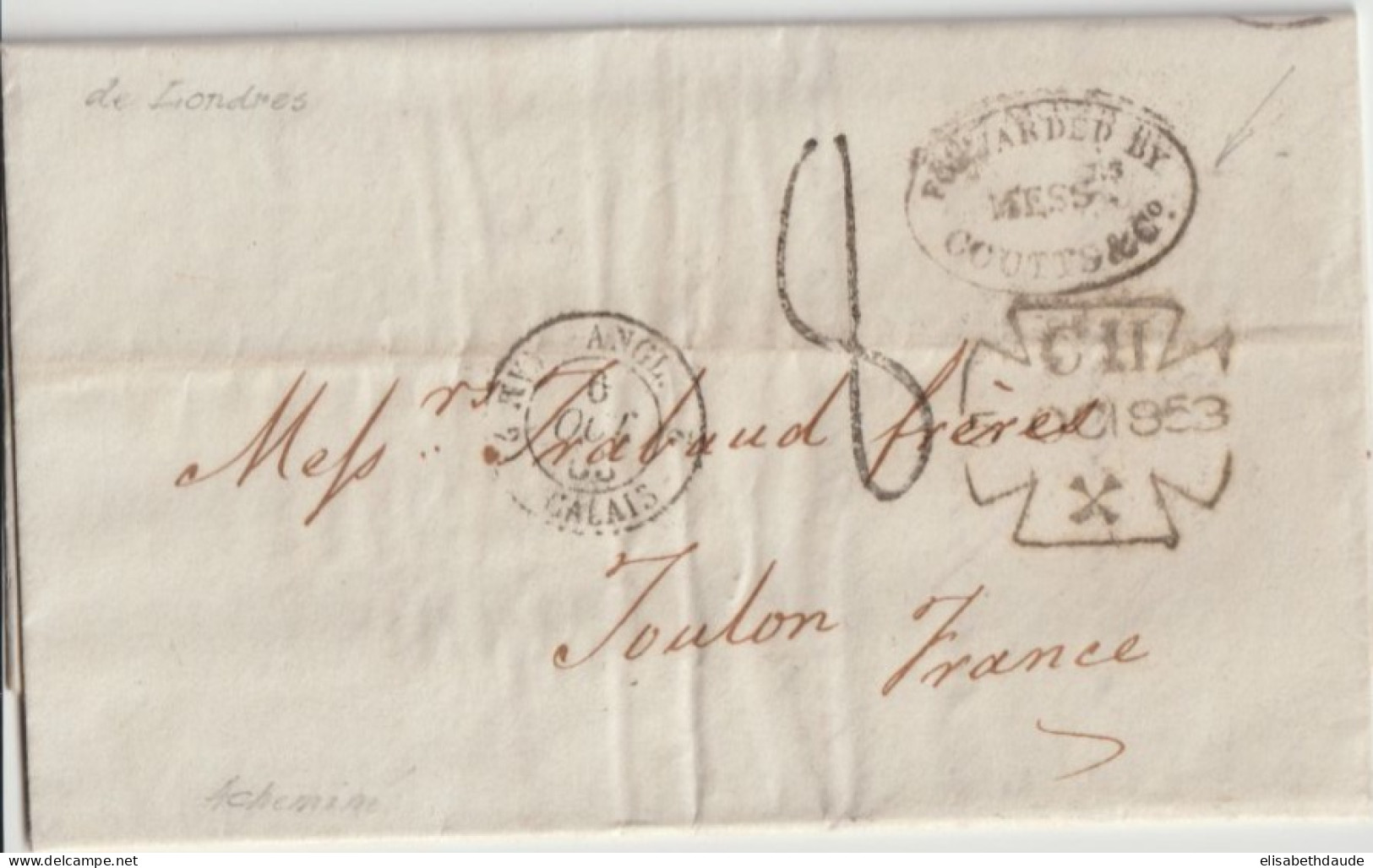 1853 - ANGLETERRE - ENTREE AMBULANT AM 2 CALAIS 2 ! - LETTRE DE LONDRES CACHET CROIX MALTE => TOULON - Postmark Collection