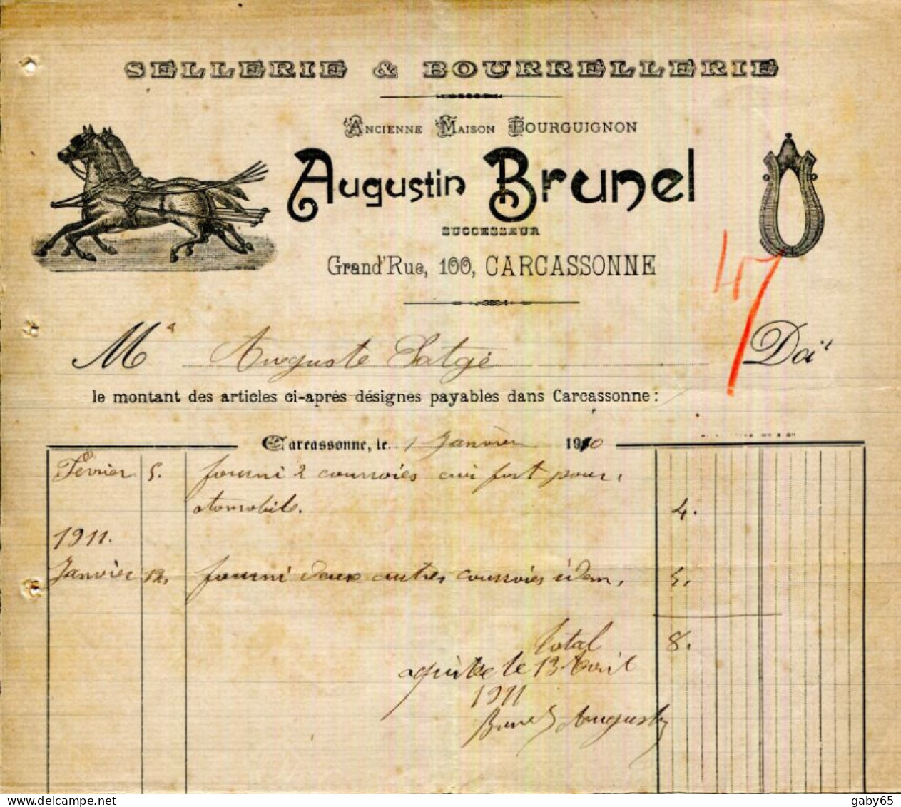 FACTURE.11.AUDE.CARCASSONNE.SELLERIE & BOURRELLERIE.AUGUSTIN BRUNEL 100 GRAND'RUE. - Old Professions