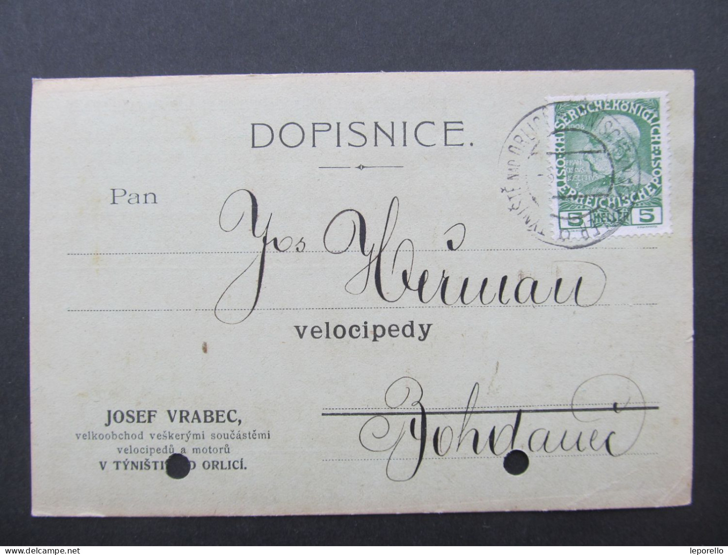 KARTE Týniště N.Orlicí . Bohdaneč J. Vrabec Velocipedy Fahrrad Bicycle 1909 // P9916 - Covers & Documents