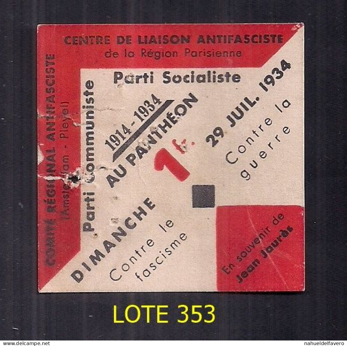 FRANCE 1934 DISTINCTIF DU PARTI SOCIALISTE/COMMUNISTE DE PARIS LUTTE CONTRE LE FACISME ET LA GUERRE - Tessere Associative