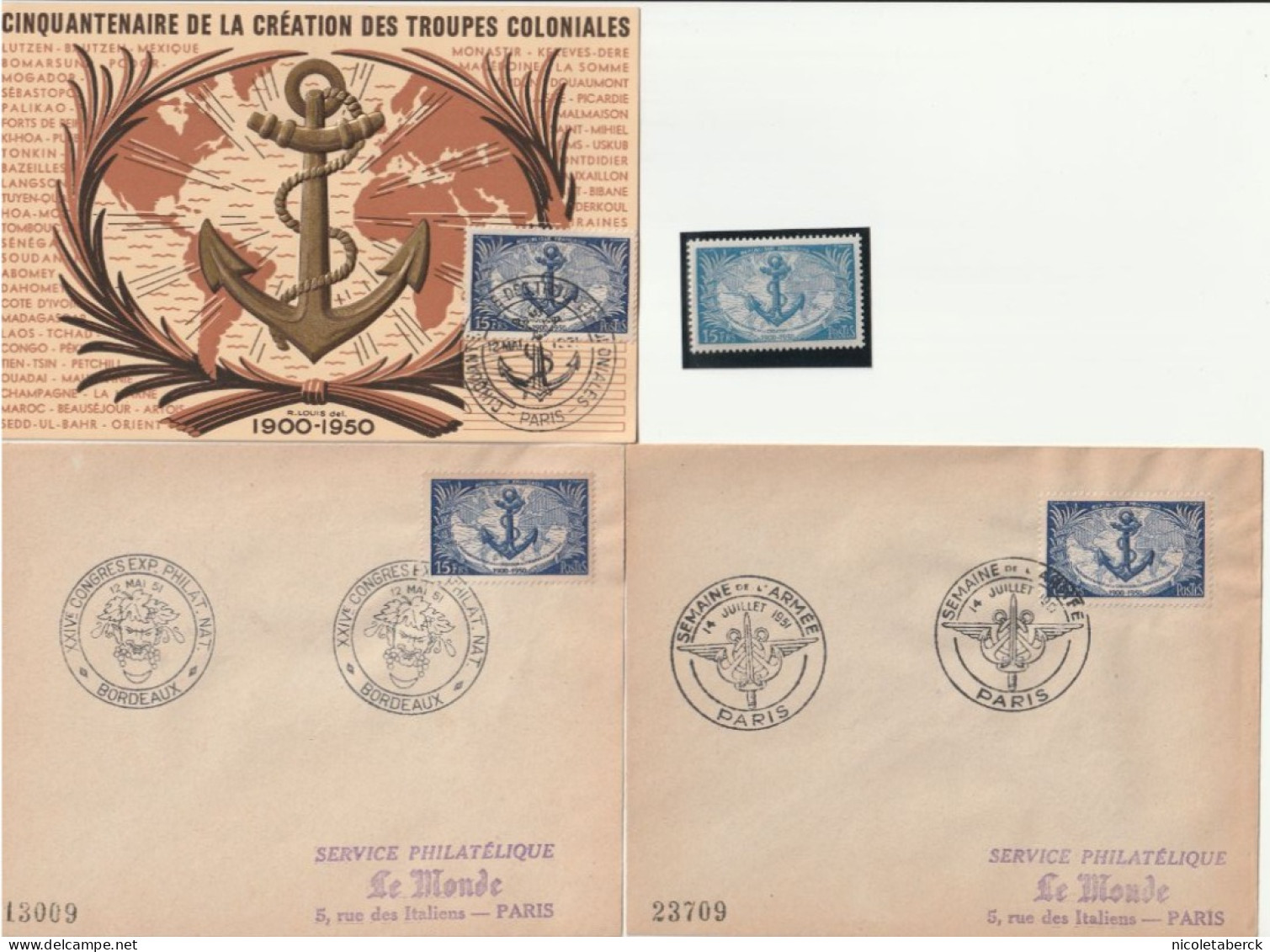 N°889, 1er Jour Paris 12/5/51+ Obl Illustré Congrès De Bordeaux + Variété Bleu Gris. Cote 330€. Collection BERCK. - Lettres & Documents