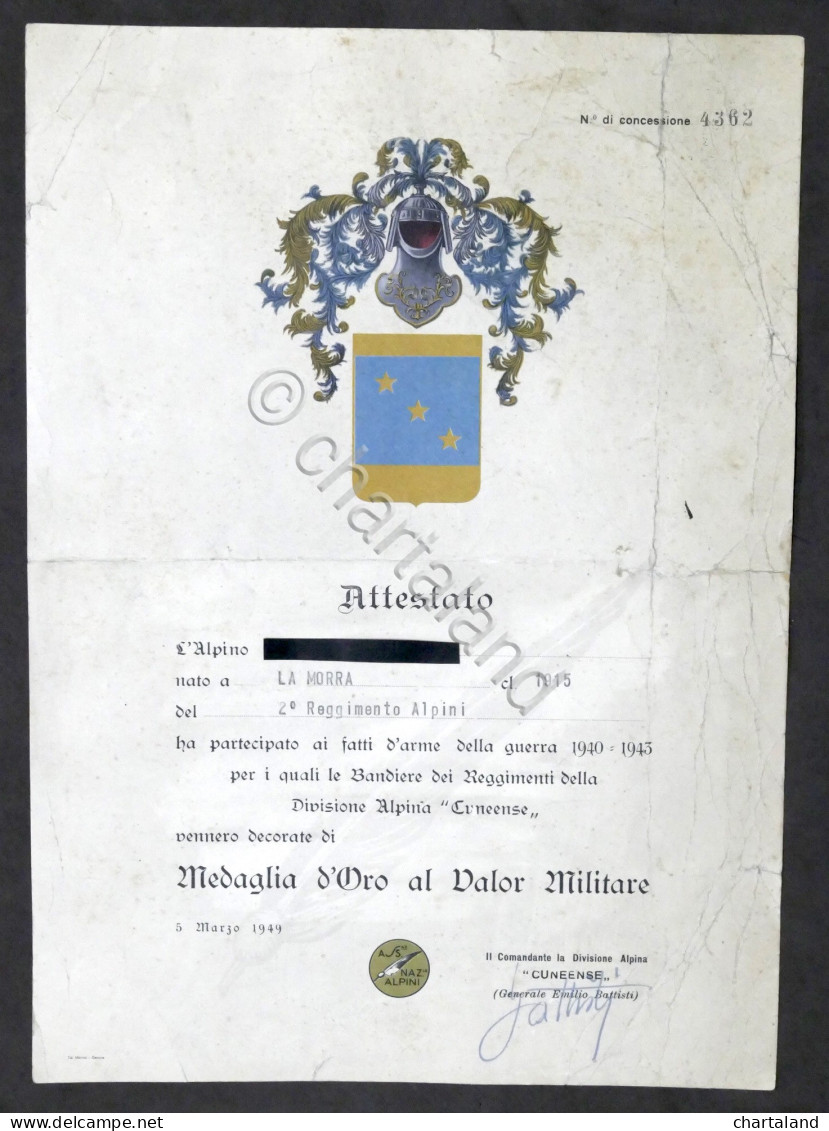 Attestato Medaglia D'Oro Al Valor Militare - 2° Rgt. Alpini - Guerra 1940-1943 - Documents