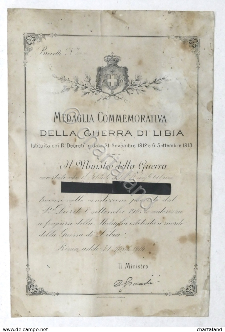 Attestato Medaglia Commemorativa Della Guerra Di Libia - 1914 - Zonder Classificatie