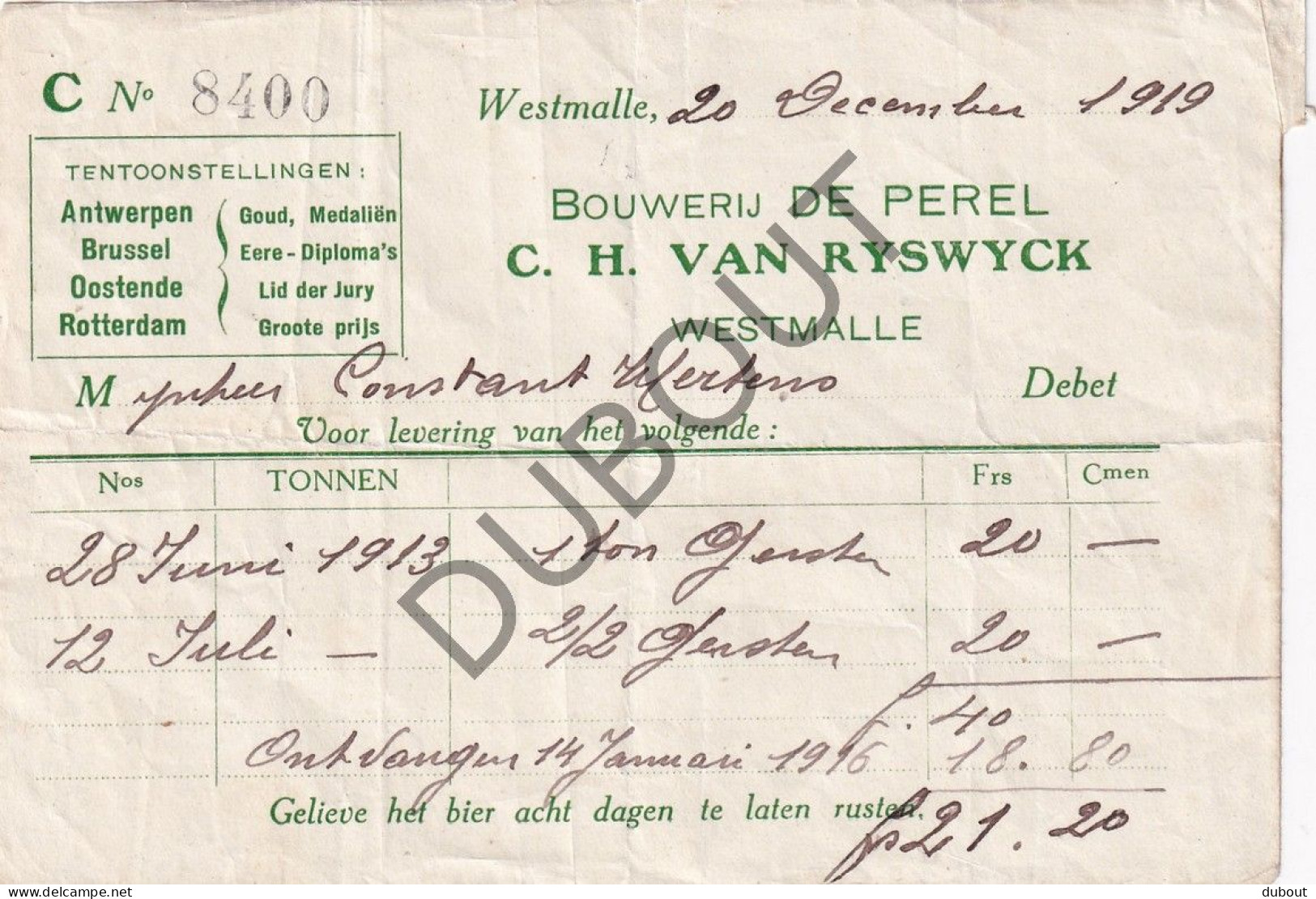 Brouwerij De Perel Westmalle - Leveringsbewijs 1919  (V3126) - Publicités