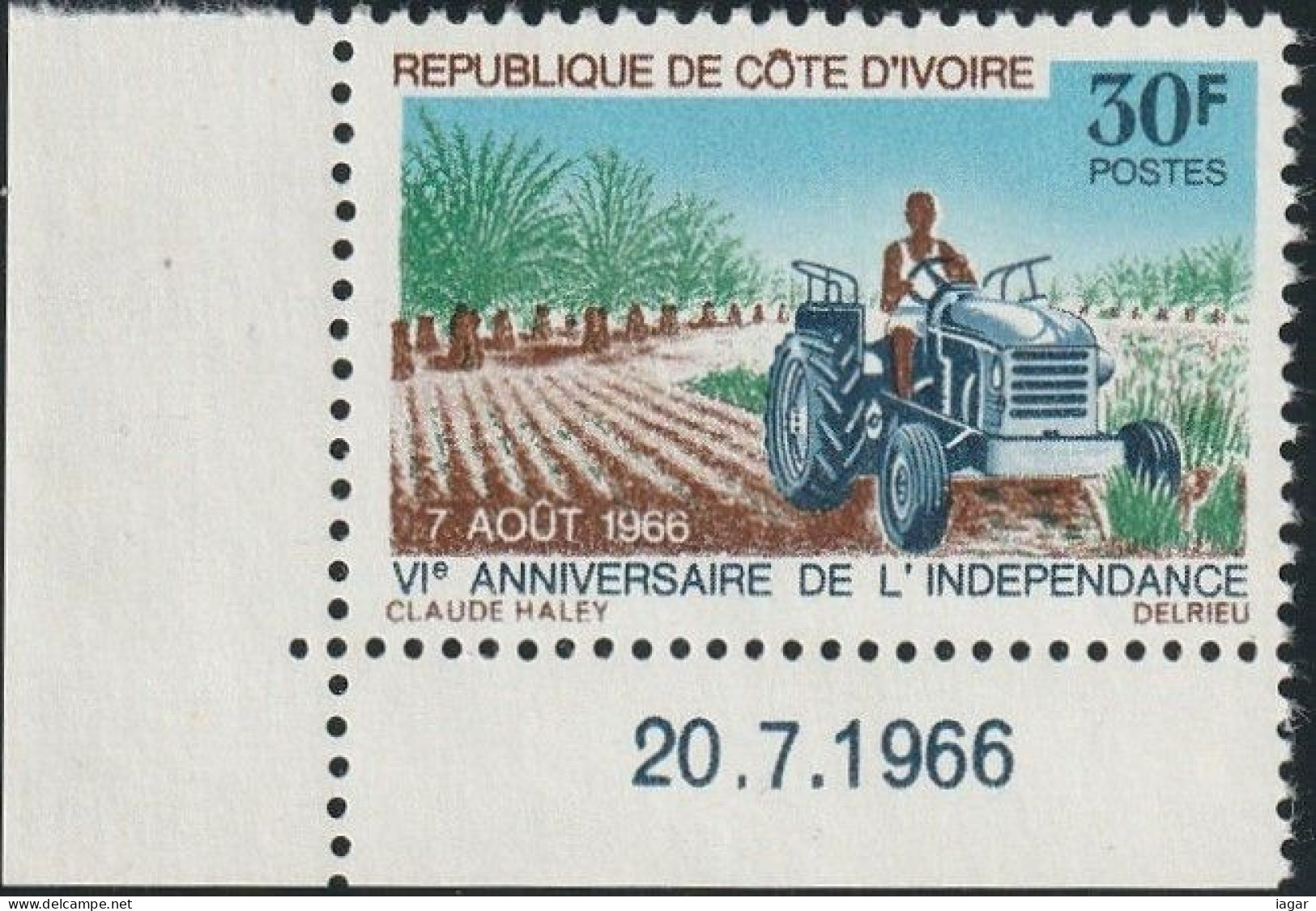 THEMATIC AGRICULTURE:  PLOWING AND TRACTOR. 6th ANNIVERSARY OF INDEPENDENCE. CORNER STAMP WITH DATE   -    COTE D'IVOIRE - Landwirtschaft