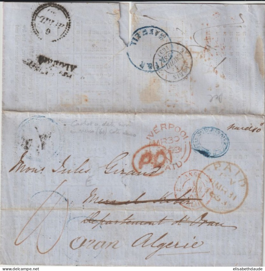 1853 - CURSIVE MERS EL KEBIR (MAL FRAPPEE) SUR LETTRE DE LIVERPOOL (ANGLETERRE) => ALGERIE ! - 1849-1876: Période Classique