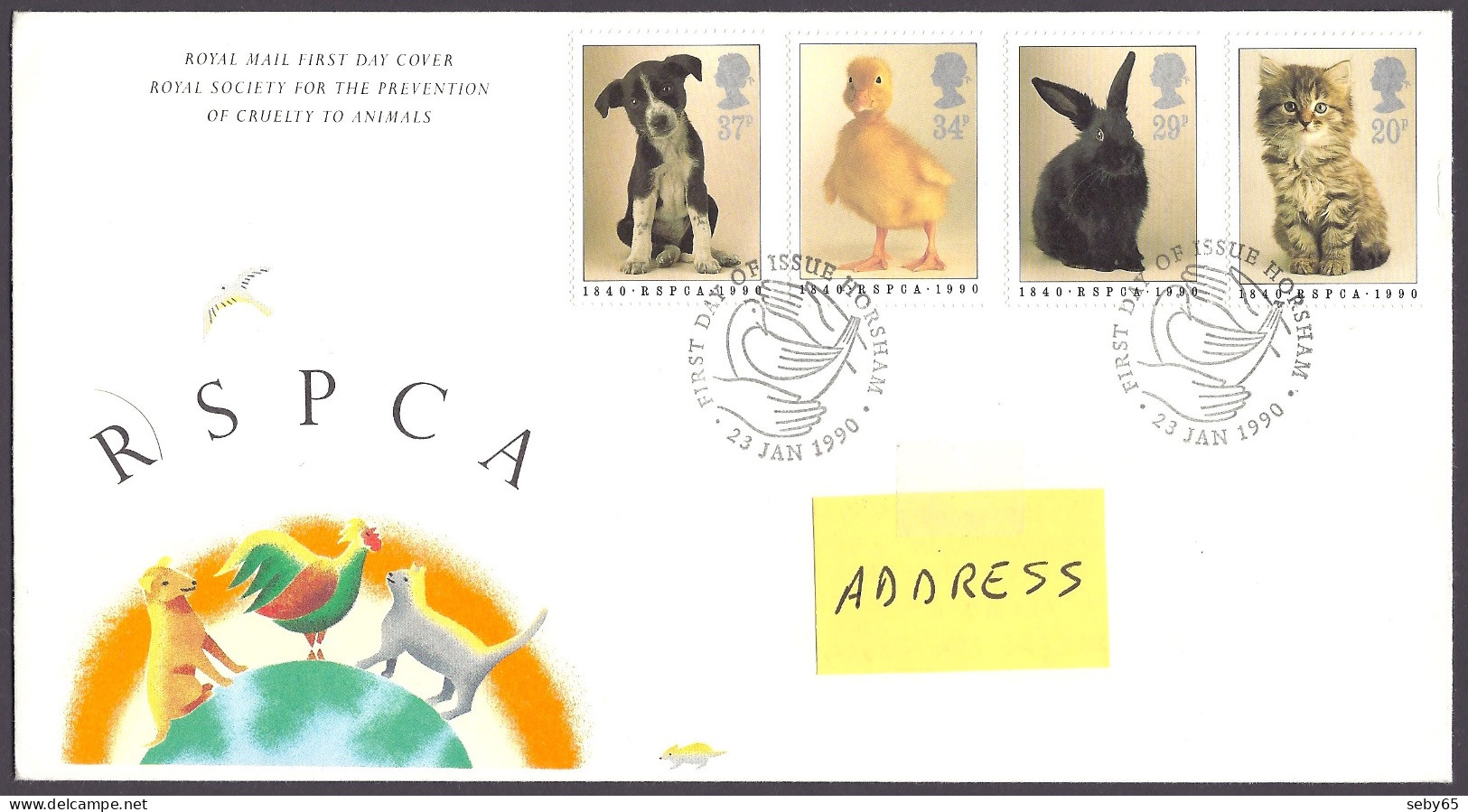 Great Britain 1990 - RSPCA, Pets, Animals, Dogs, Cats, Rabbit, Duck, Pet - FDC First Day Cover - 1981-1990 Decimale Uitgaven