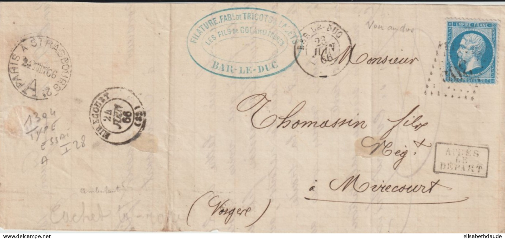 1866 - TRES RARE CACHET ESSAI AMBULANT PARIS A STRASBOURG "A" SUR LETTRE INCOMPLETE De BAR LE DUC => MIRECOURT - Spoorwegpost