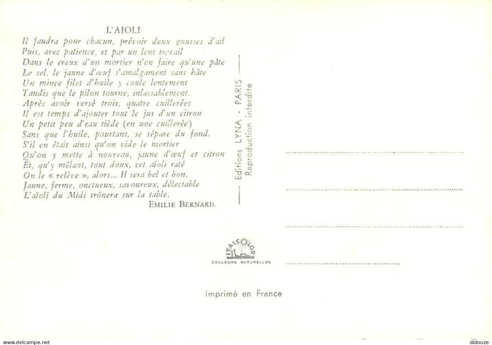 Recettes De Cuisine - Aïoli - Carte Neuve - Gastronomie - CPM - Voir Scans Recto-Verso - Recettes (cuisine)