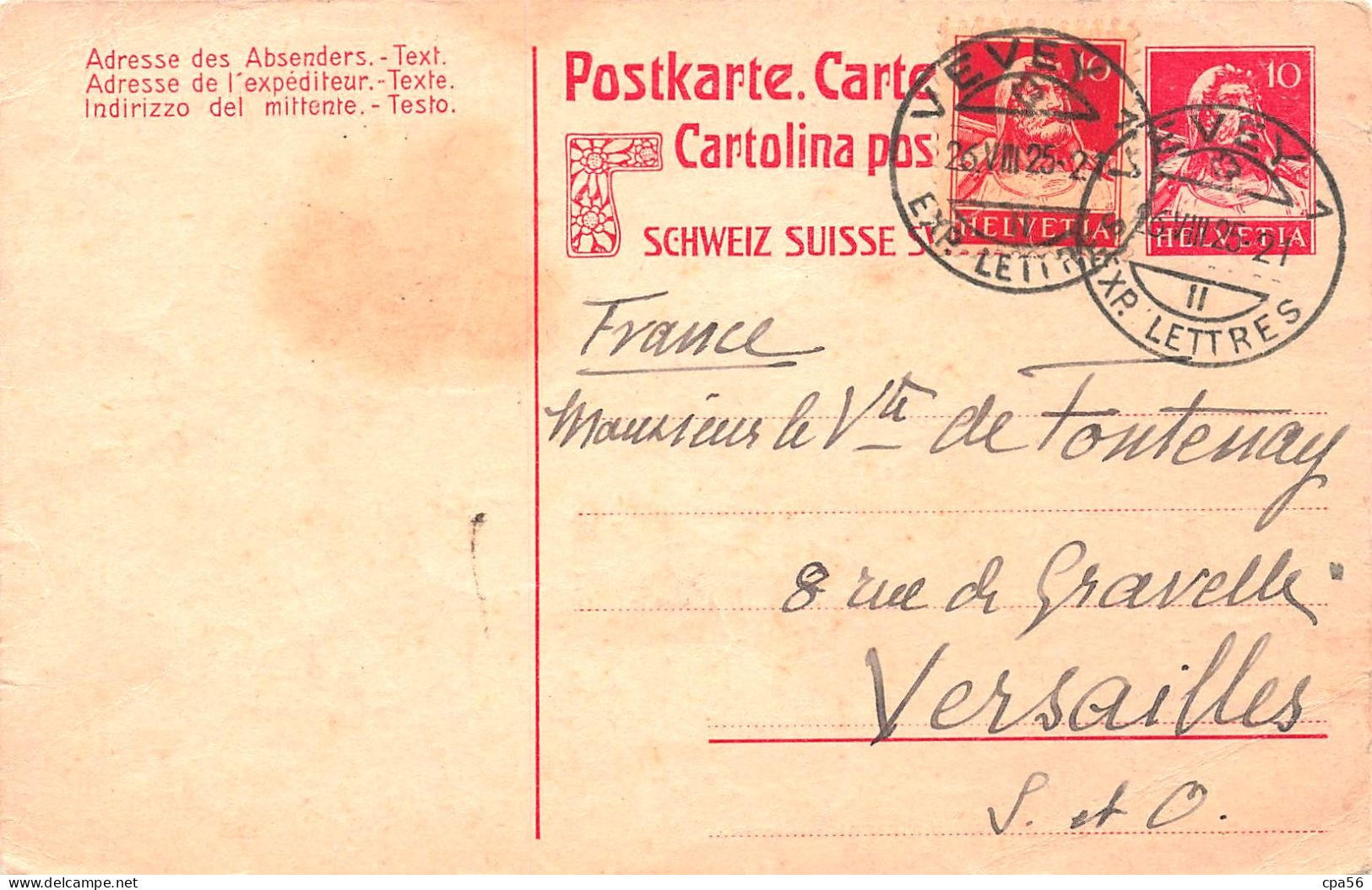 SUISSE - ENTIER Postal POSTKARTE Avec Complément VEVEY 1 - écrite 1925 - Ganzsachen