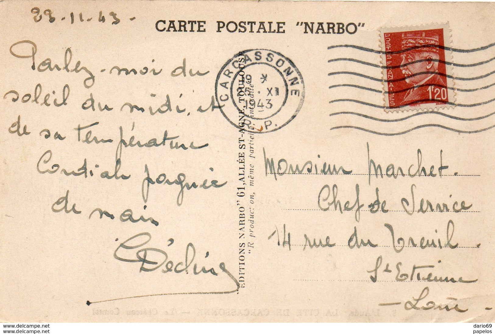 1943 CARTOLINA CON ANNULLO  CARCASONNE - Storia Postale