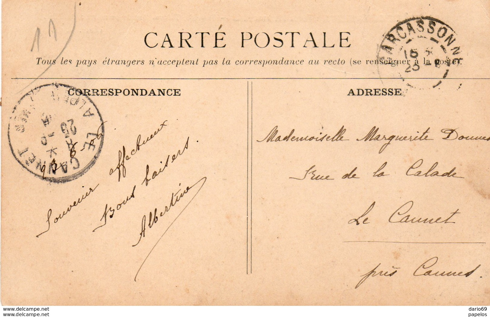 1920  CARTOLINA CON ANNULLO  CARCASONNE - Lettres & Documents