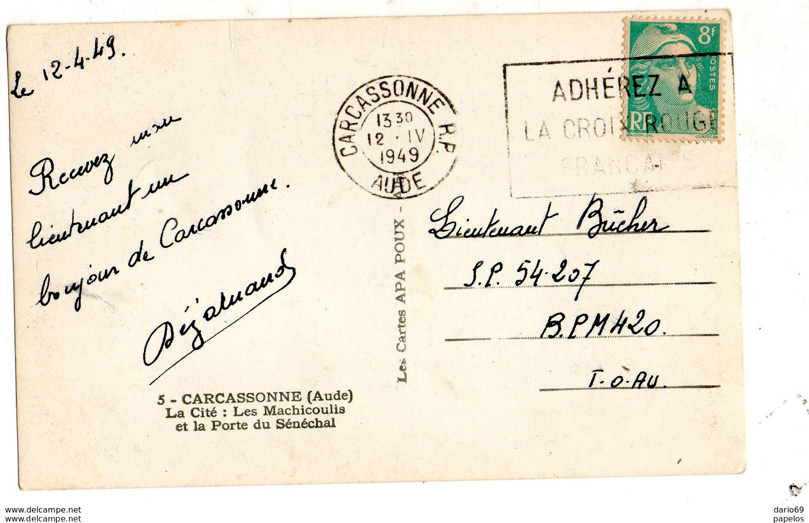 1949    CARTOLINA CON ANNULLO  CARCASONNE - 1945-54 Marianne (Gandon)