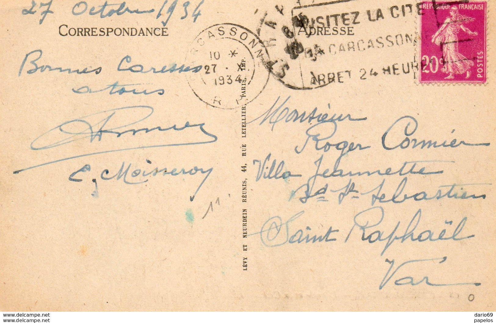 1934   CARTOLINA CON ANNULLO  CARCASONNE - Lettres & Documents