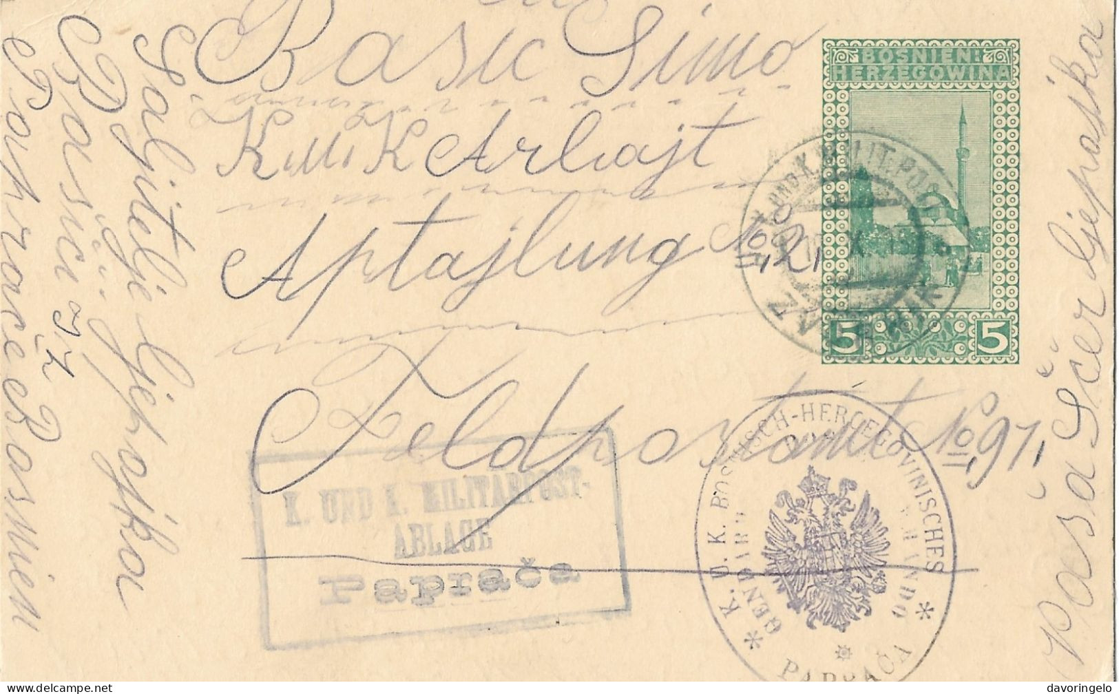 Bosnia-Herzegovina/Austria-Hungary, Postal Stationery-year 1915, Auxiliary Post Office/Ablage PAPRACA, Type A1 - Bosnien-Herzegowina
