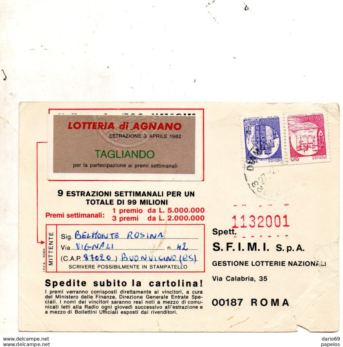 1982 Cartolina Con Annullo Diamante Cosenza - 1981-90: Marcophilie