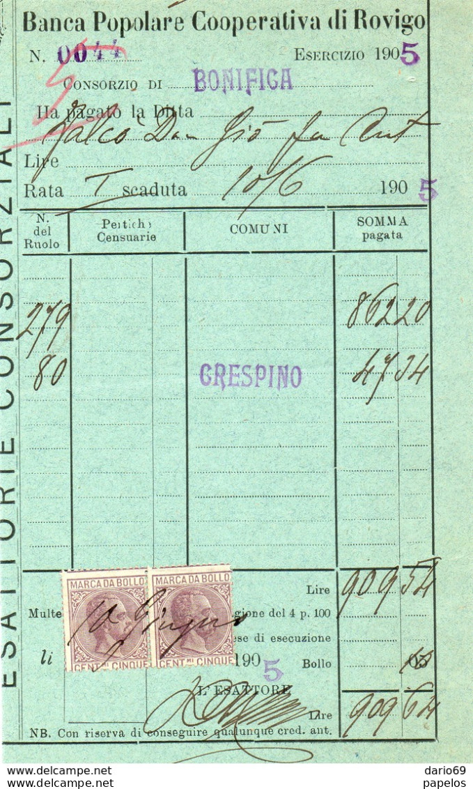 1905   BANCA POPOLARE COOPERATIVA ROVIGO CON MARCHE DA BOLLO - Historische Dokumente