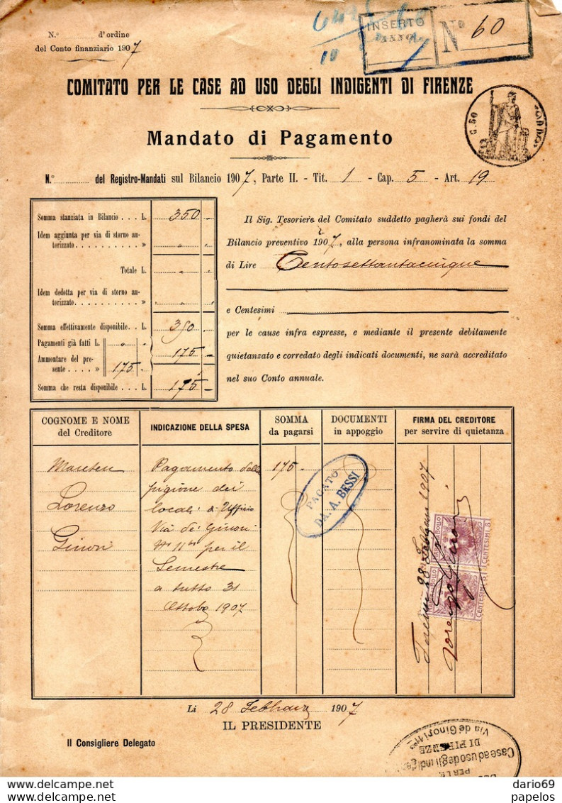 1907 FIRENZE MANDATO DI PAGAMENTO CON MARCHE DA BOLLO - Historische Documenten