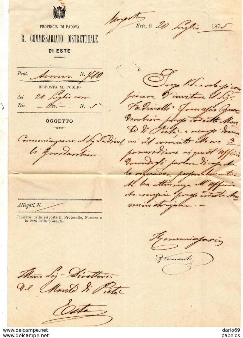 1875 LETTERA CON ANNULLO ESTE PADOVA - Storia Postale