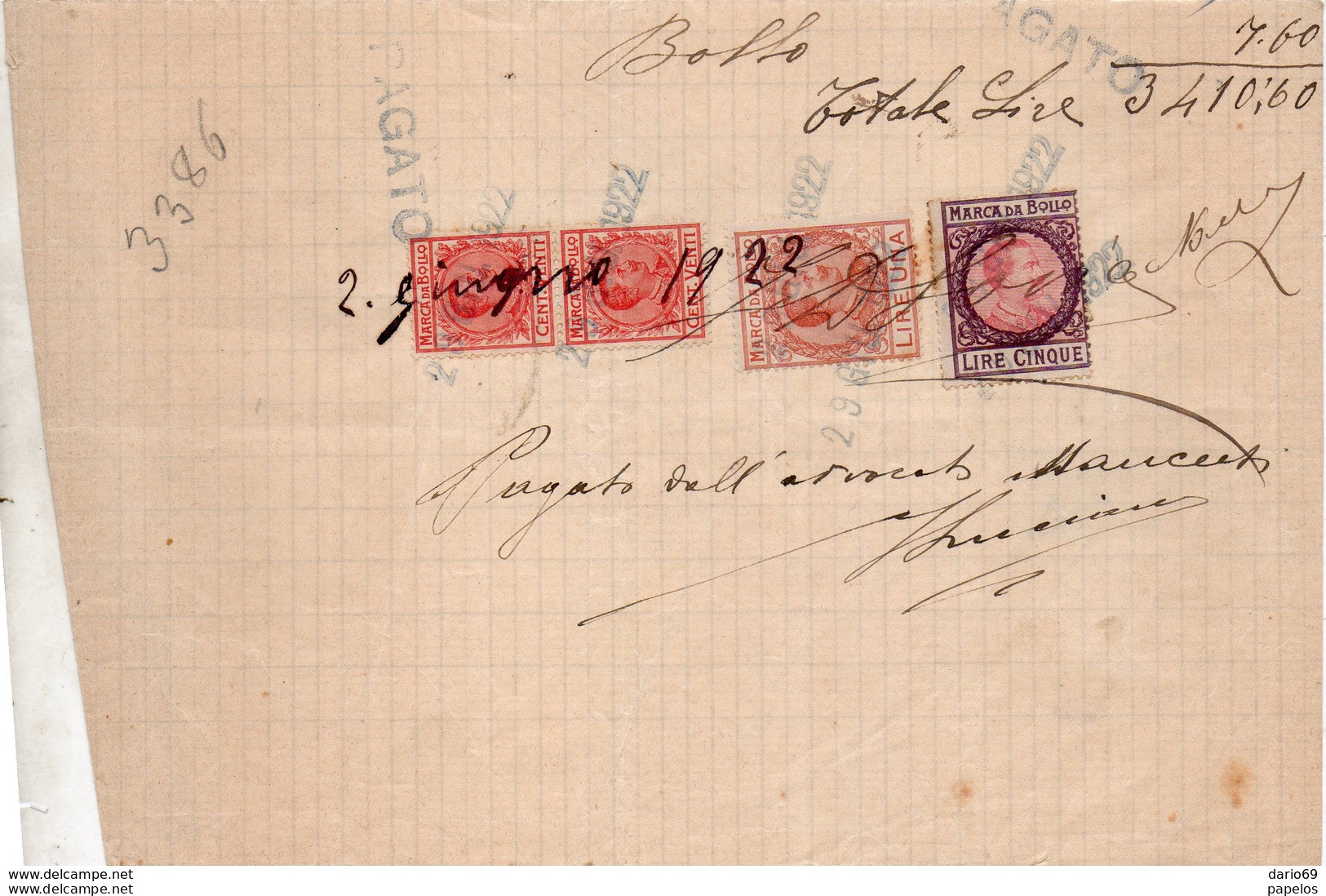 1922     MARCHE DA BOLLO - Revenue Stamps