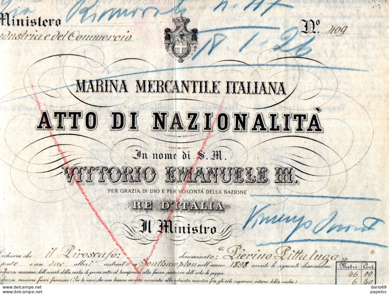 1898 MARINA MERCANTILE ITALIANA ATTO DI NAZIONALITÀ - Historical Documents