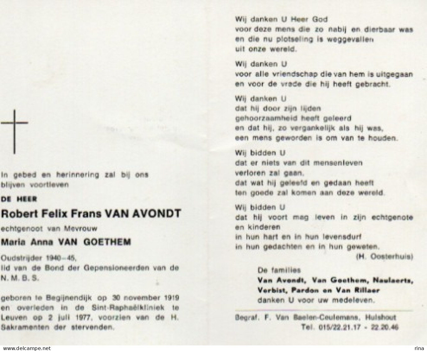 Robert  Felix Frans Van Avondt Geb Te Begijnendijk Op 30 Nov 1919 Overl Te Leuven 2 Juli 1977 - Autres & Non Classés