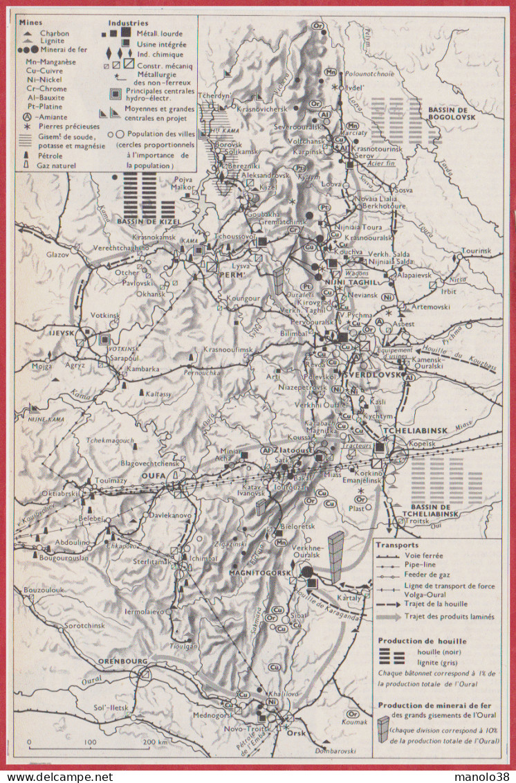 Oural. Russie. Carte Avec Mines, Industries, Transports, Production De Houille, De Minerai De Fer. Larousse 1960. - Historical Documents