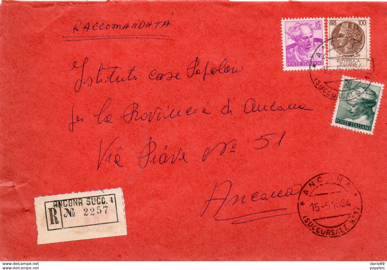 1964    LETTERA RACCOMANDATA  CON ANNULLO ANCONA SUCC 1 - 1961-70: Marcophilie