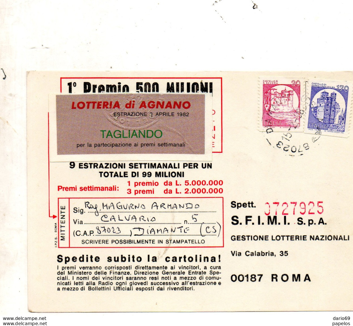 1982 Cartolina Con Annullo DIAMANTE COSENZA - 1981-90: Marcofilie