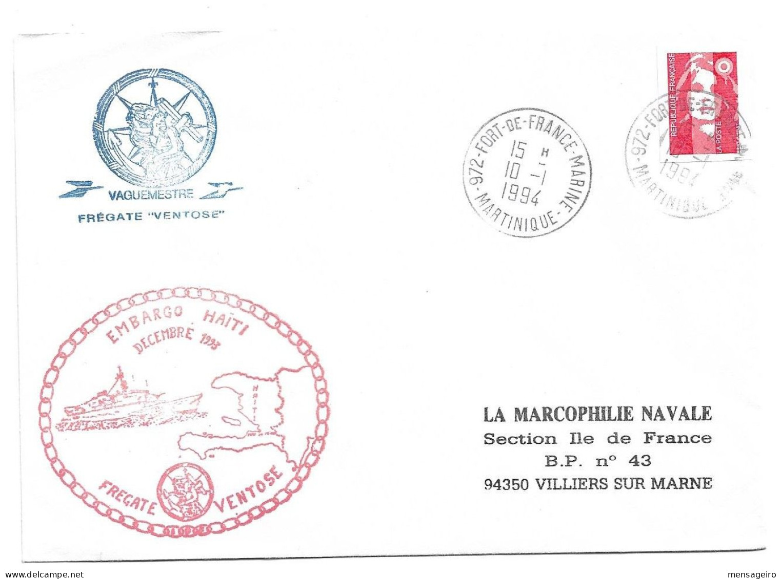 (C02) - HAITI COVER FRENCH SHIP IN HAITIAN WATERS FREGATE VENTOSE FORT DE FRANCE MARINE => FRANCE 1994 - Haiti