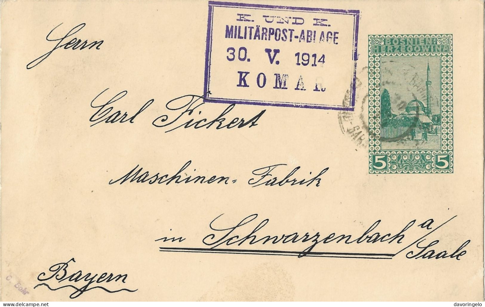 Bosnia-Herzegovina/Austria-Hungary, Postal Stationery-year 1914, Auxiliary Post Office/Ablage KOMAR, Type B1 - Bosnie-Herzegovine