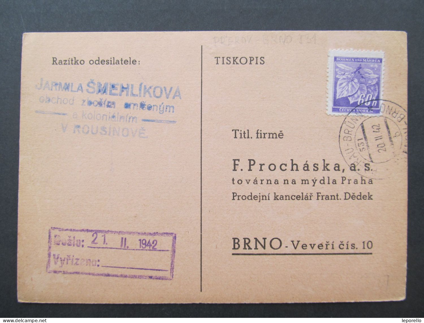 BRIEF Rousínov Bahnpost Zugstempel Přerov - Brno Šmehlíková 1942 // P9886 - Brieven En Documenten