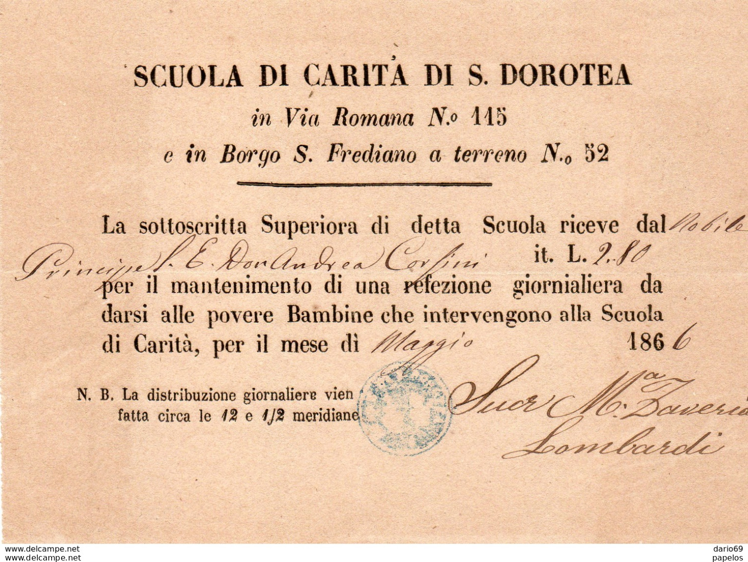 1866 SCUOLA DI CARITÀ DI S. DOROTEA - Documents Historiques