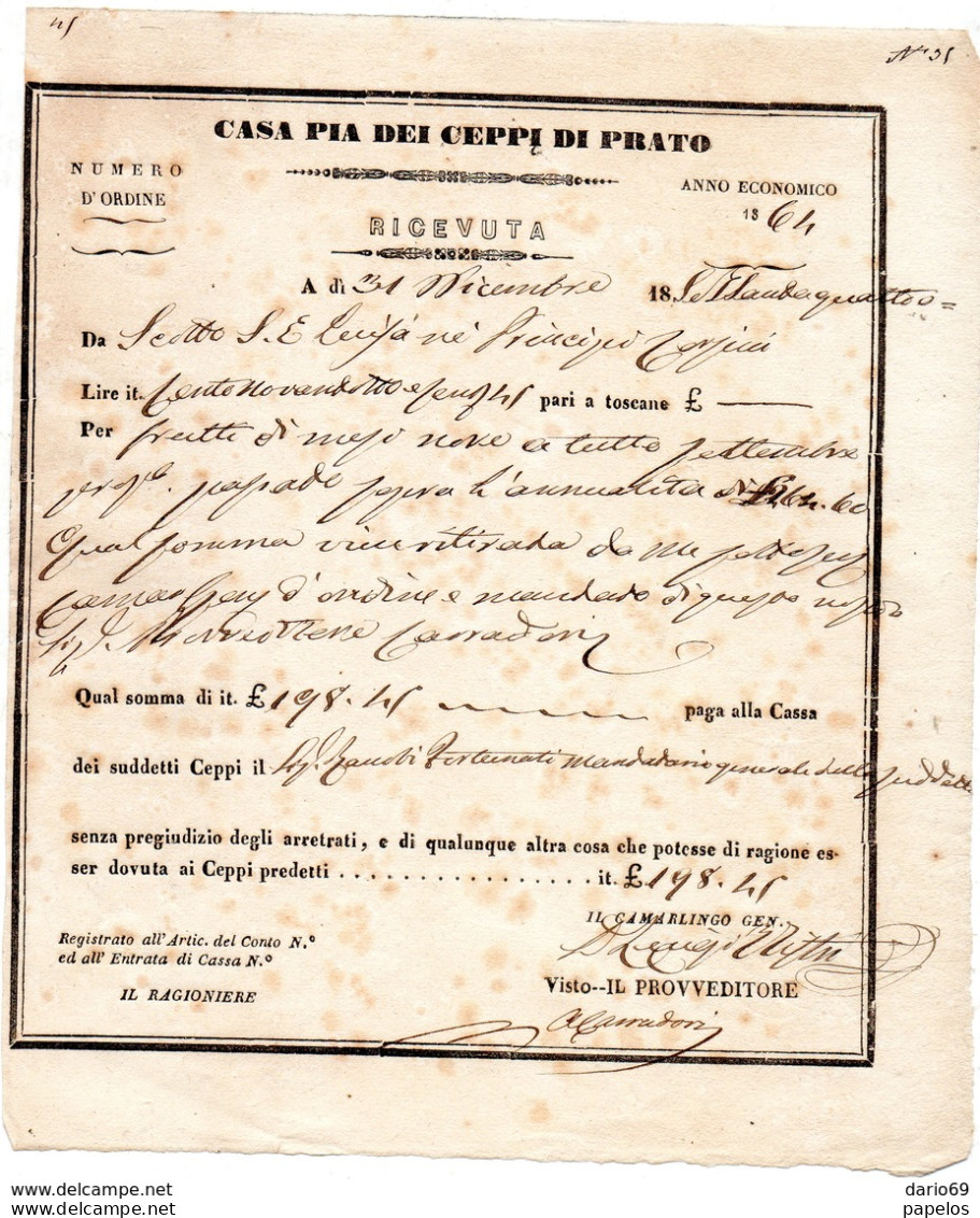 1864 CASA PIA DEI CEPPI DI PRATO - Documents Historiques