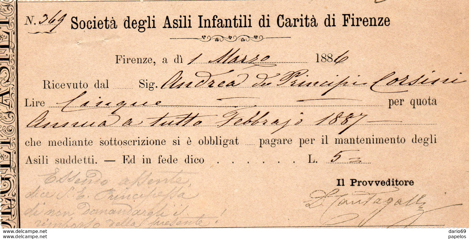 1886 Società Degli Asili Infantili Di Carità FIRENZE - Documentos Históricos