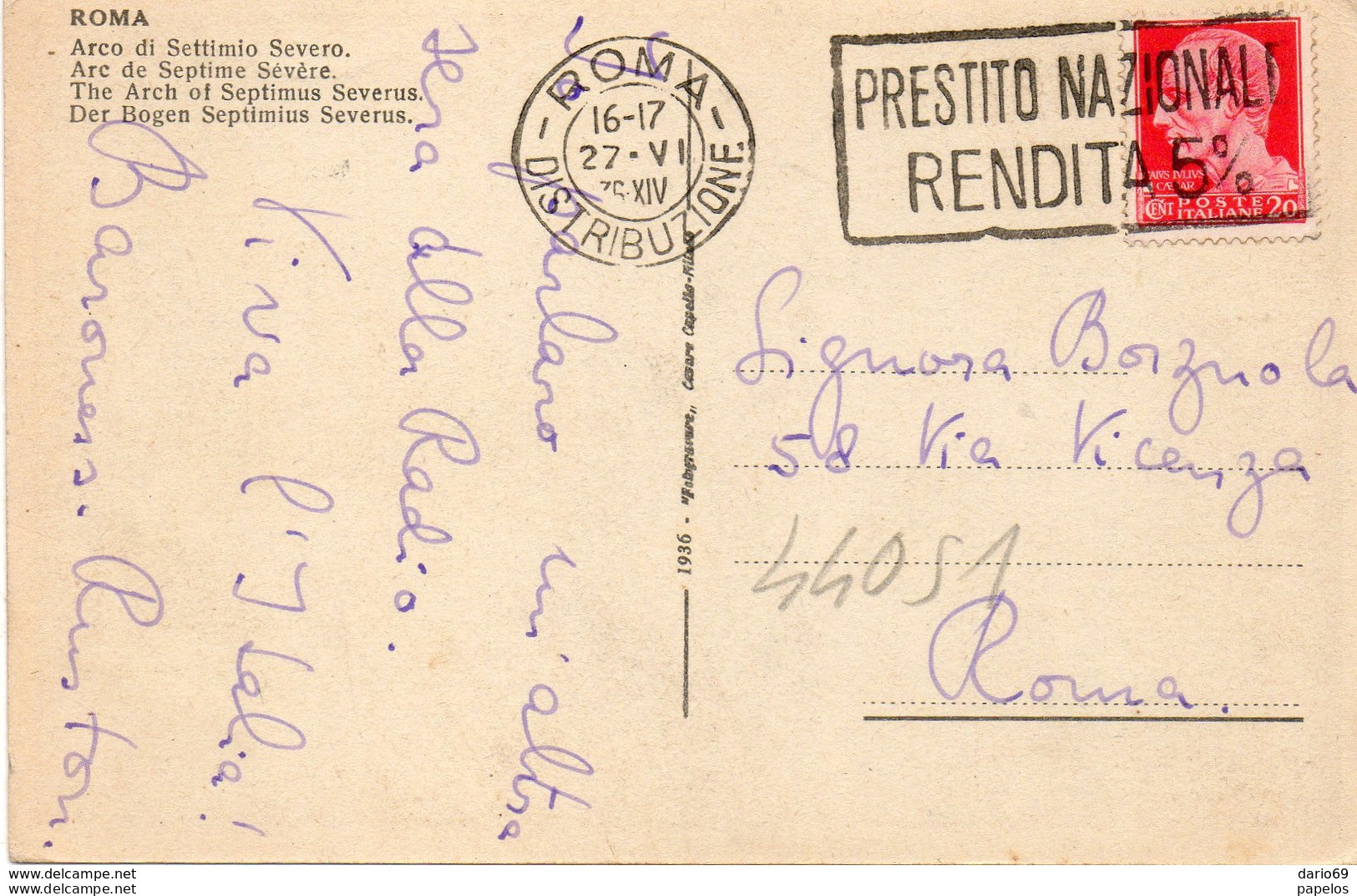 1936  CARTOLINA CON ANNULLO ROMA   + TARGHETTA - Andere Monumenten & Gebouwen