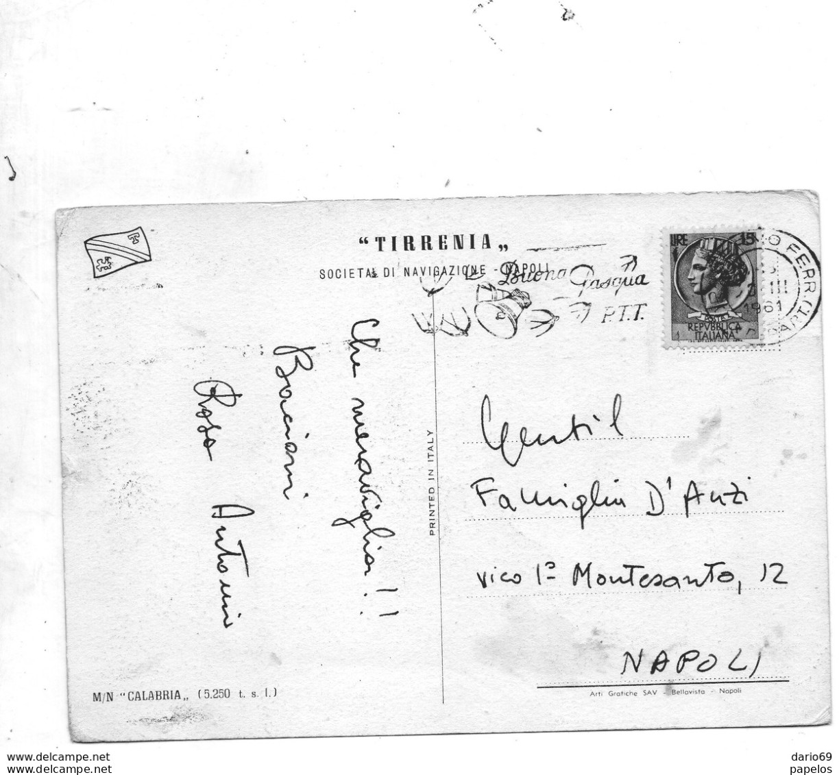 1961 M/N CALABRIA SOCIETÀ TIRRENIA - Banken