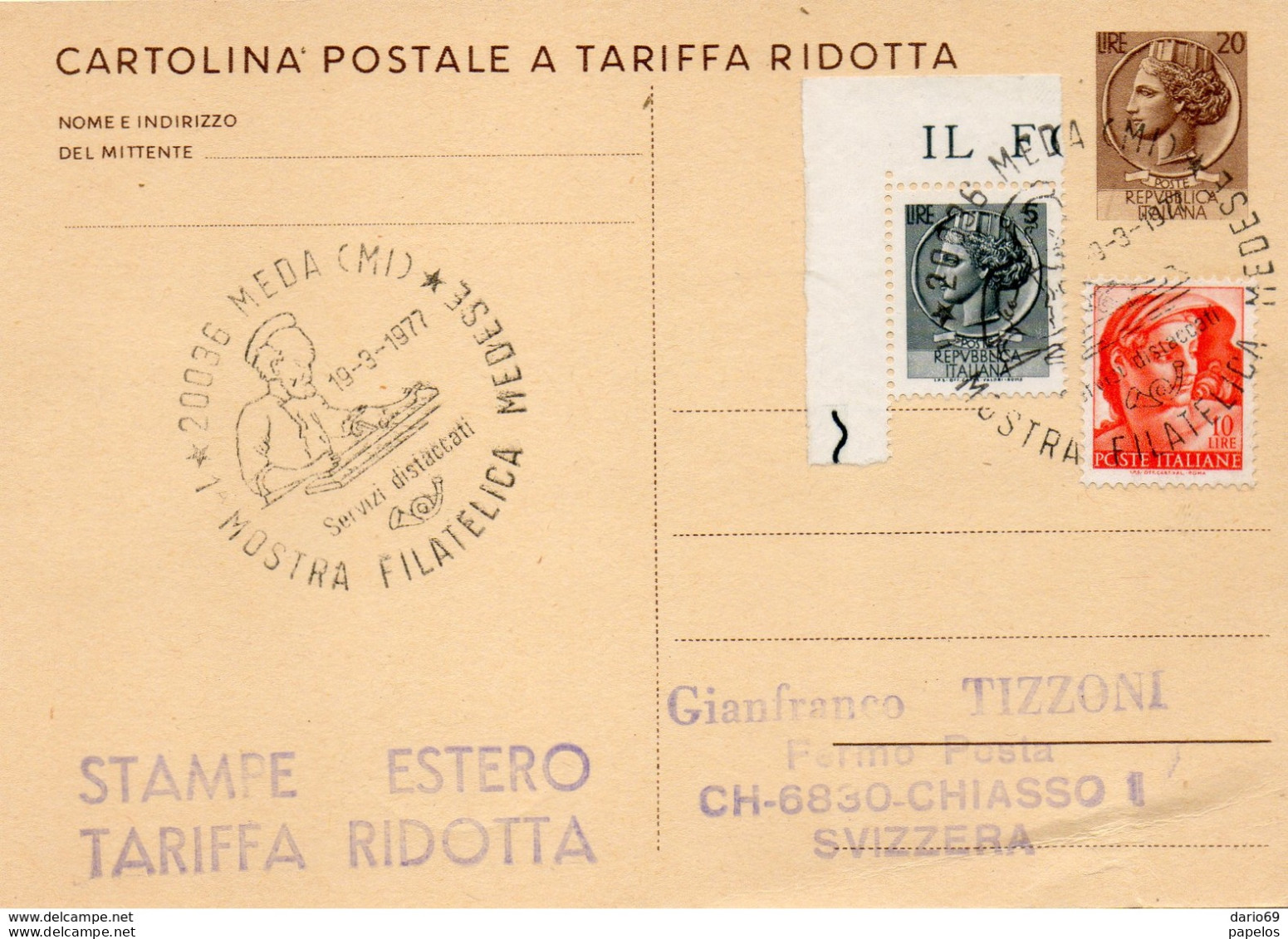 1977  CARTOLINA CON ANNULLO MEDA MILANO - MOSTRA FILATELICA - Interi Postali