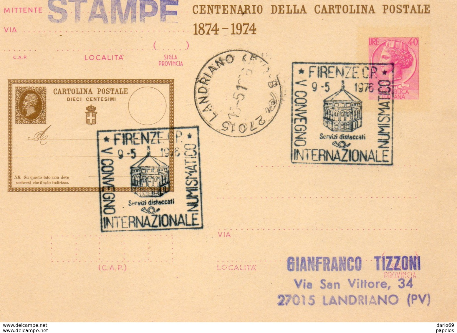 1976 CARTOLINA CON ANNULLO FIRENZE MOSTRA NUMISMATICA - Interi Postali