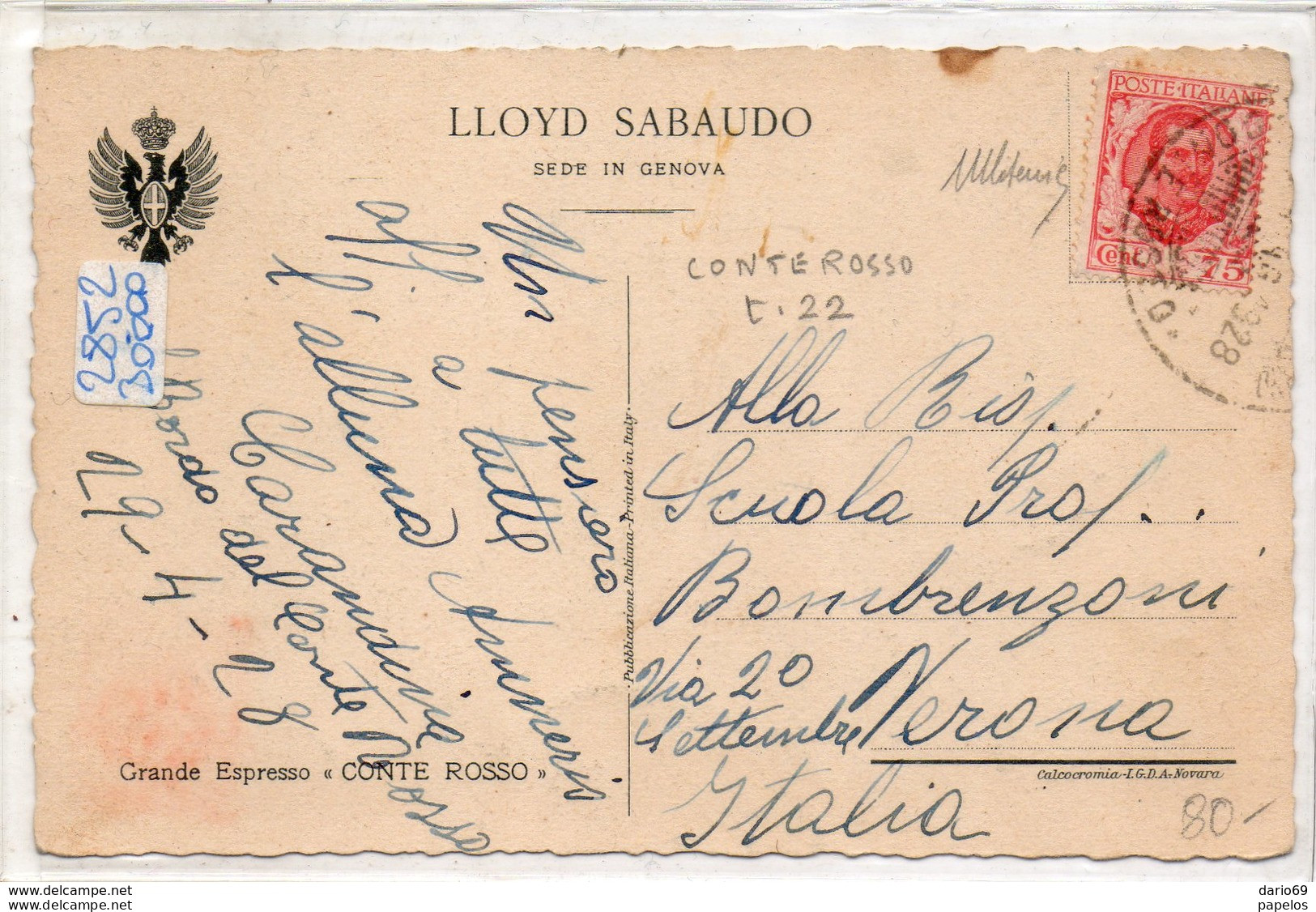 1928 CARTOLINA CON ANNULLO CONTE ROSSO LLOYD SABAUDO GENOVA - Banken